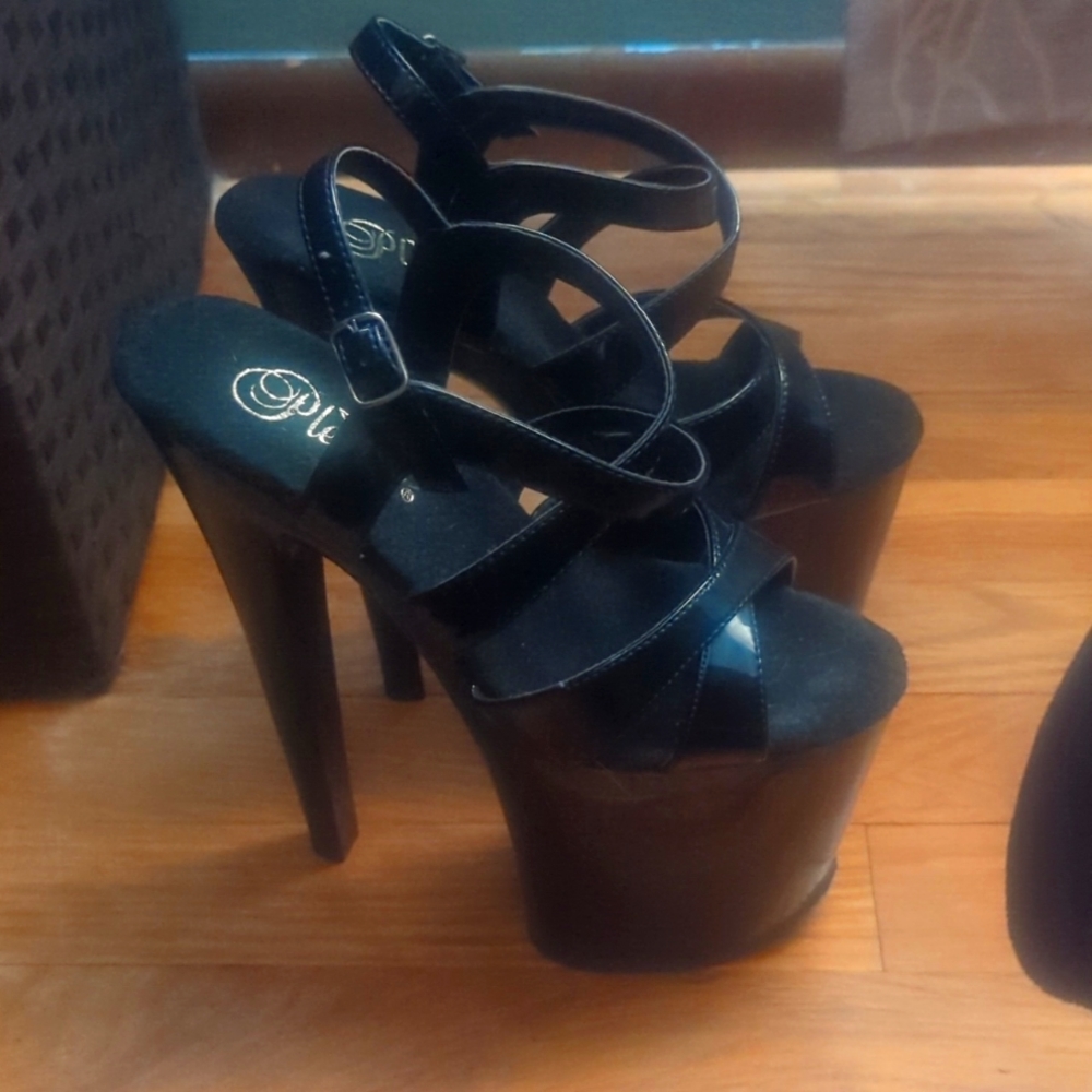 Pleaser Platform Heels - strappy black patent leather look